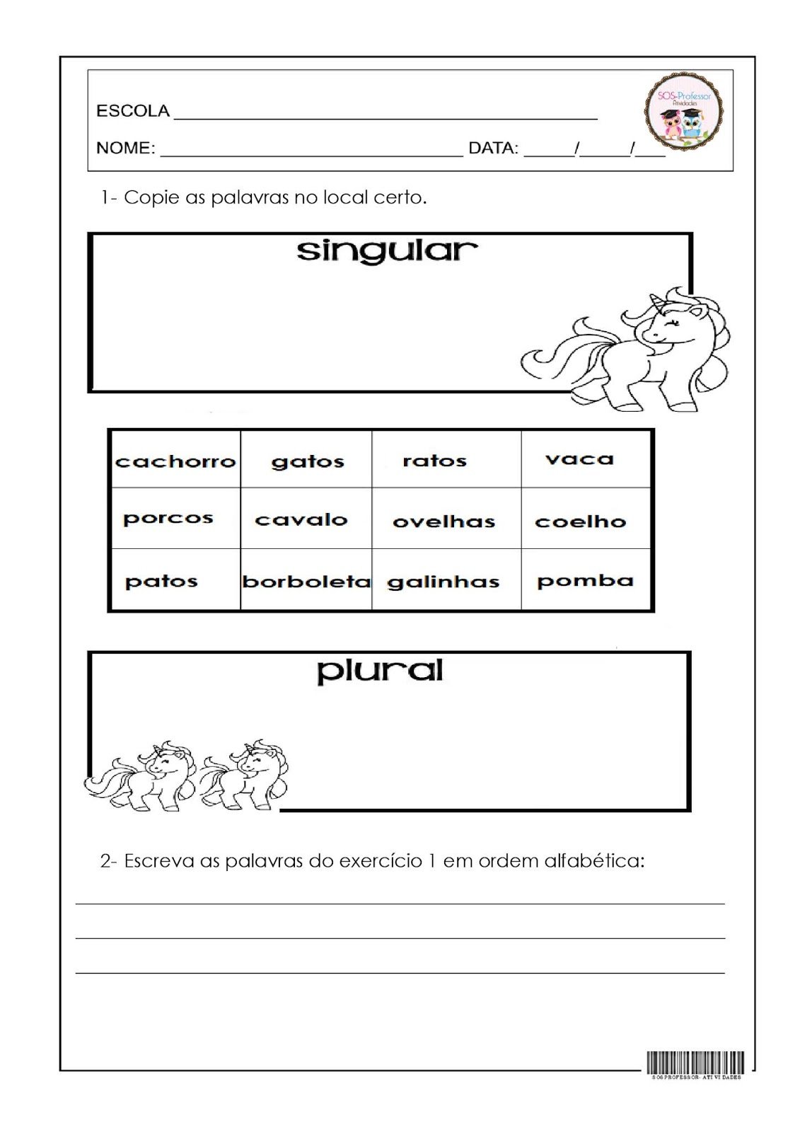 Singular e plural SOS Professor Atividades Do º ao º ano