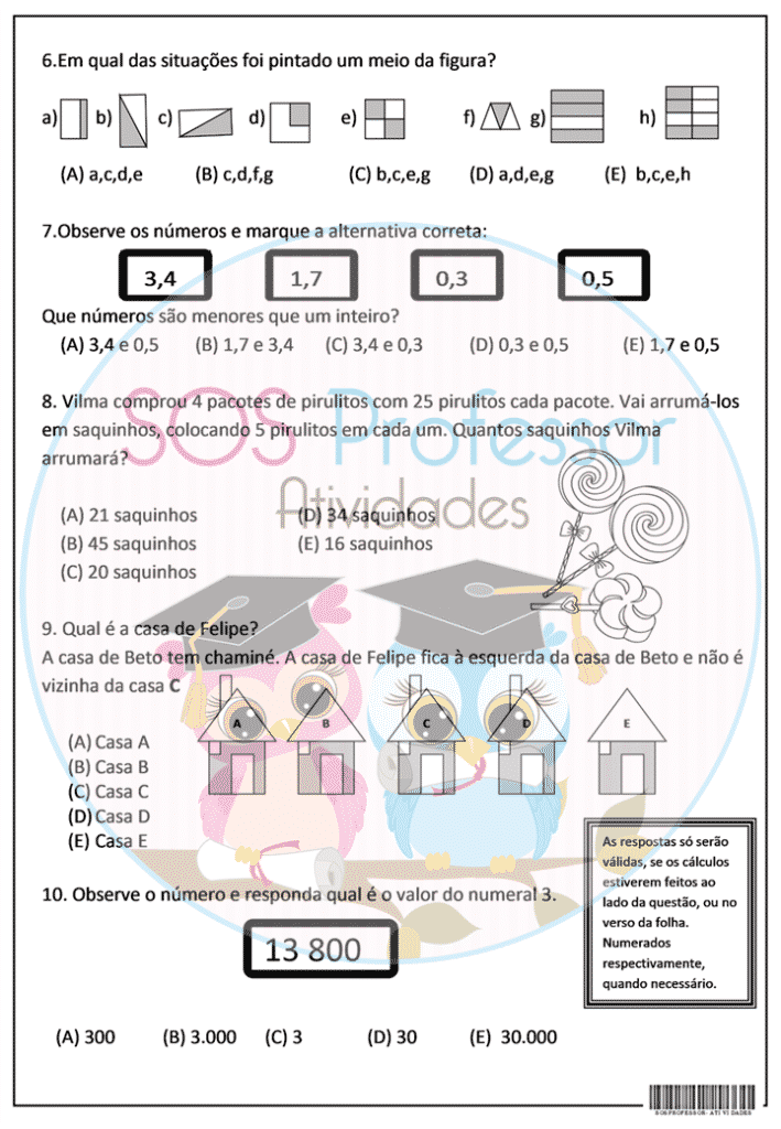 Diagnóstico de matemática para o º ano SOS Professor Atividades As operações