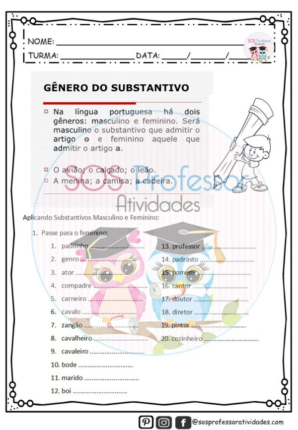 Gênero do Substantivo 2 - SOS Professor Atividades - Do 3º ao 5°ano