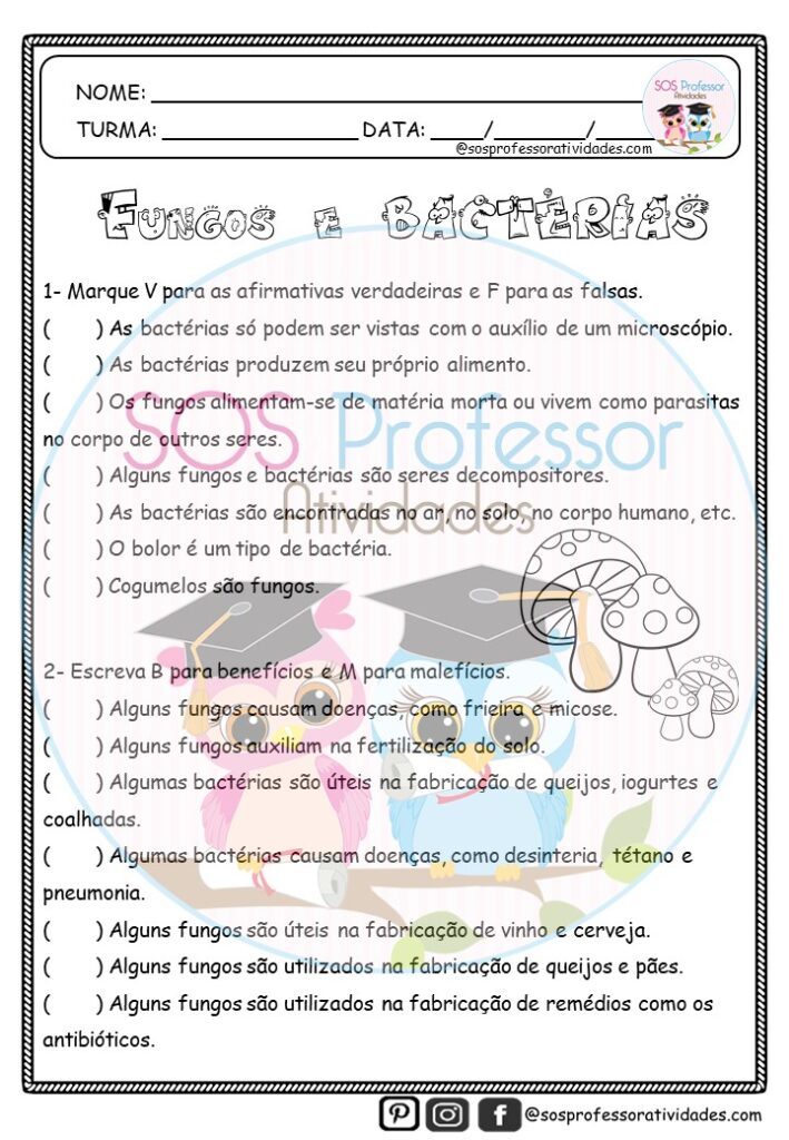 Fungos E Bactérias - SOS Professor Atividades - 4º Ano