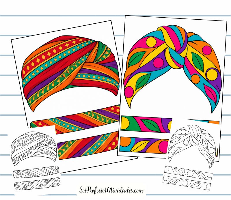 Molde de Turbante Afro para colorir, recortar e montar Turbante afro